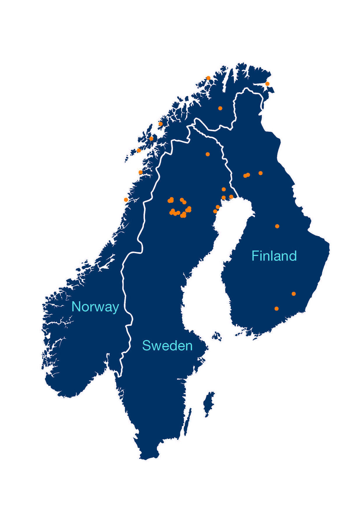 Map over northern Finland, Sweden and Norway in blue