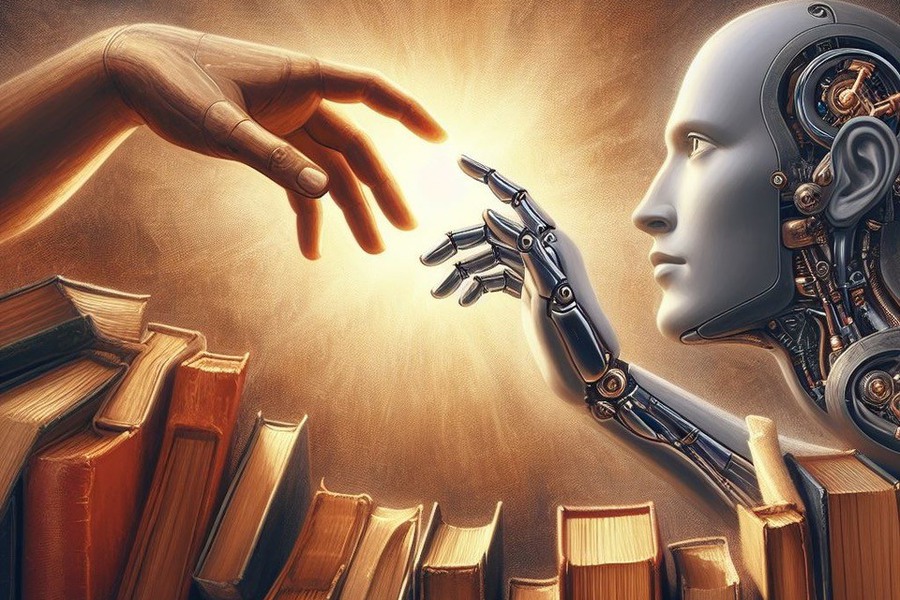 Mänsklig hand möte robothand ovanför böcker. 