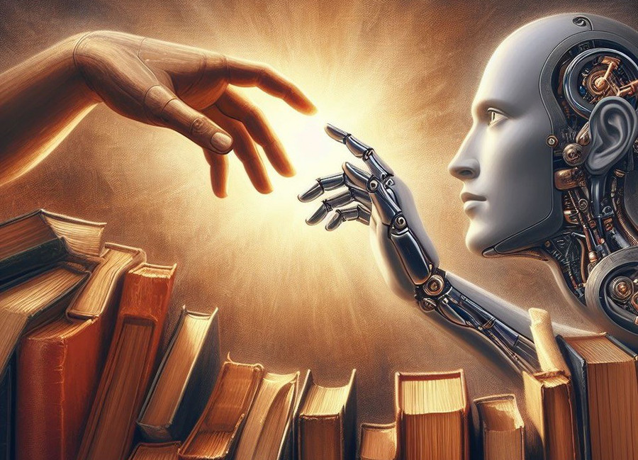 Mänsklig hand möte robothand ovanför böcker. 