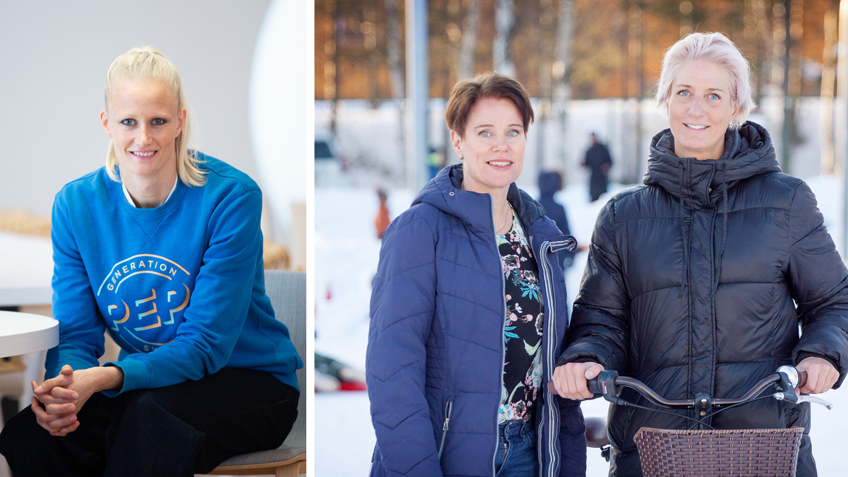 Collage with two pictures of Carolina Klüft, sitting down and Stina Rutberg and Anna-Karin Lindqvist standing outdoors with a bicycle, snow in the background