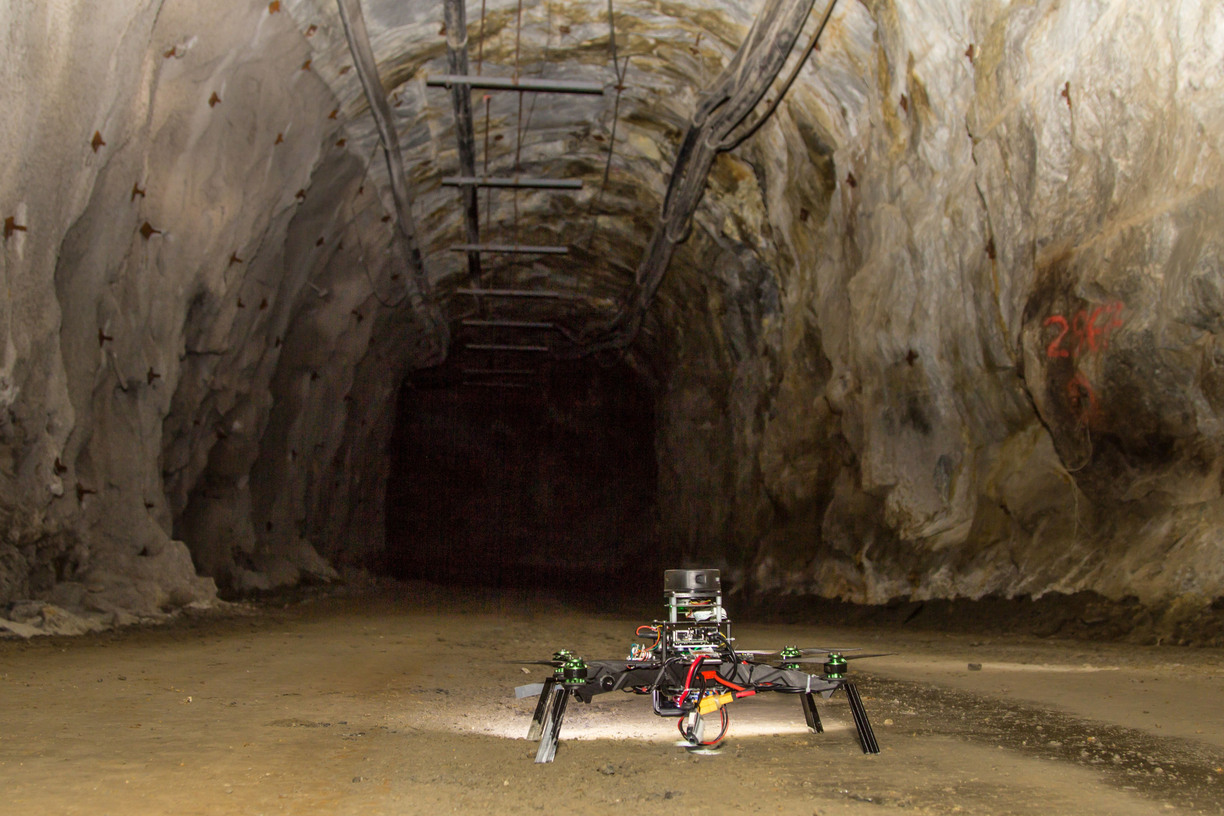 Drone standing on the floor of a mining tunnel