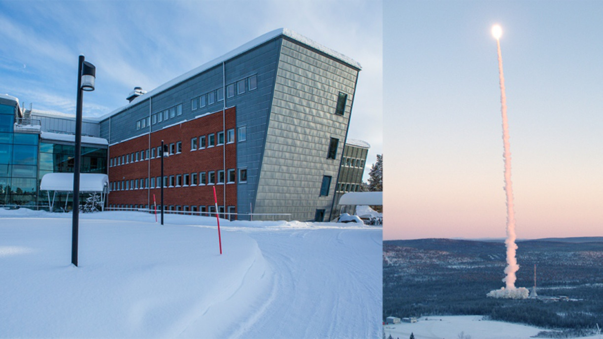 Collage building on the left, rocket launch on the right