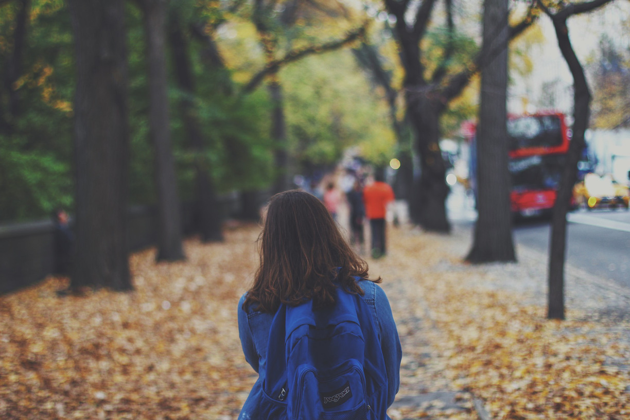 A child carrying a blue backpack walks along an avenue covered in fallen leaves