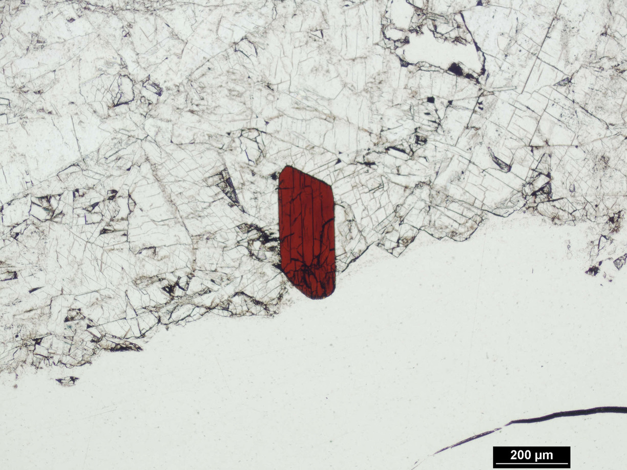 The mineral zinkgruvanit seen under a microscope.