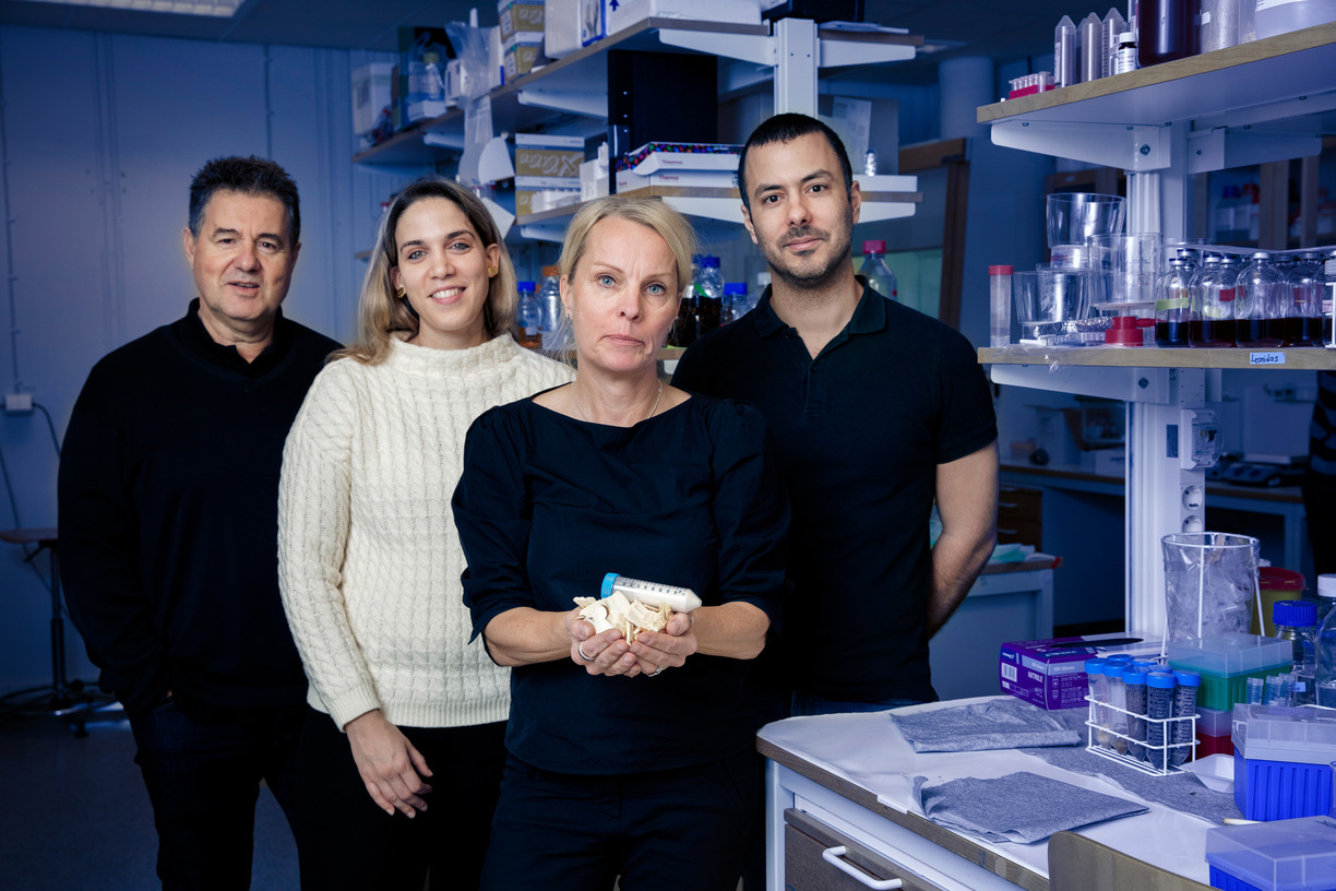 Fyra forskare och professorer i ett laboratorium fyllt med flaskor och annan labbutrustning